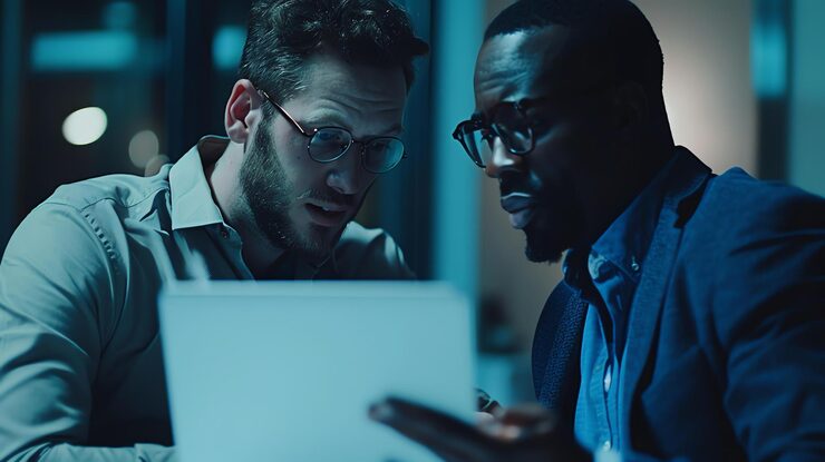 two businessmen suits glasses are looking laptop screen dark office they are both looking screen with surprise 14117 537834